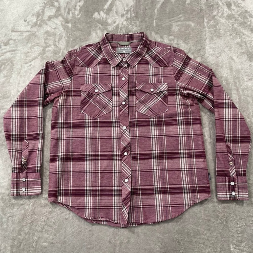 Simms Shirt Mens Medium Red Pearl Snap Fishing Performance Plaid Linen Blend